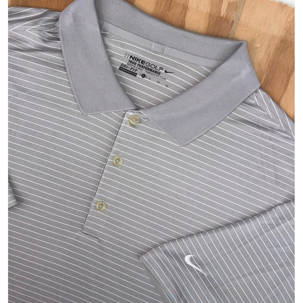 Nike Golf Tour Performance Polo Dri Fit Gray White Striped XL Embroidered Logo